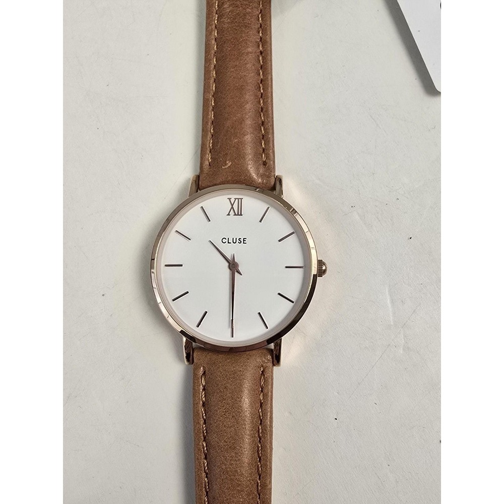 Cluse Minuit Watch Women Rose Gold Tone‎ White Dial 38mm Leather Band New